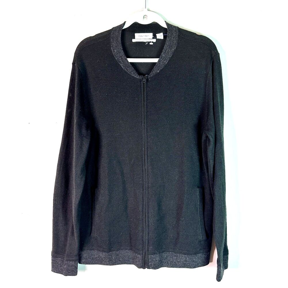 Calvin Klein Cardigan Men L Black Gray Euro Merino Sweater Preppy Classic NWOT